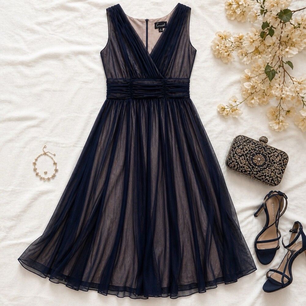 Sheer Overlay Midi Dress Navy Nude Illusion Fit Flare Wedding Guest 10P